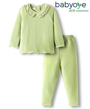 Babyoye Cotton Knit Full Raglan Sleeves Pullover Sweater Set with Floral Embroidery - Light Green