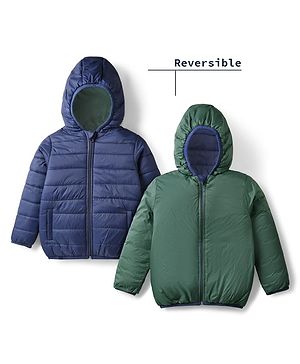 Babyhug Woven Full Sleeves Solid Coloured Reversible Padded Hooded Jacket - Navy Blue & Green