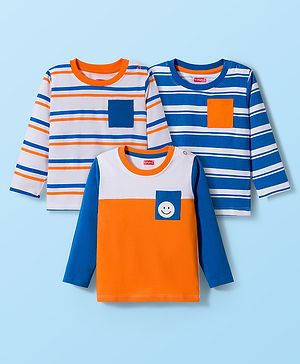 Babyhug 100% Cotton Knit Full Sleeves T-Shirt with Stripes & Pocket Pack of 3 - Blue White & Orange
