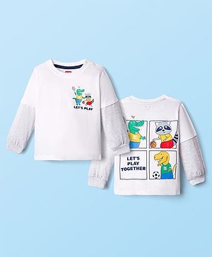 Babyhug 100% Cotton Knit Doctor Sleeves T-Shirt with Crocodile & Racoon Print on Front & Back - White