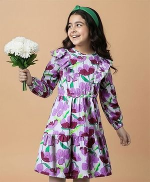Pine Kids Cotton Knit Full Sleeves Frocks With Frill Detailing & Floral Print - Multicolour