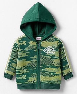 Babyhug Knitted Full Sleeves Hooded Front Open Sweater With Camouflage Design - Green
