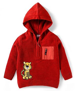 Babyhug Knitted Full Sleeves Hooded Pullover Sweater With Tiger Embroidery - Rust Orange