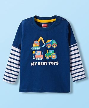 Babyhug 100% Cotton Knit Full Doctor Sleeves T-Shirt with Vehicle Print - Navy Blue