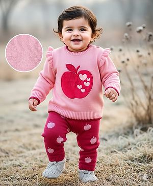 Babyhug Knit Full Sleeves Pullover Sweater Set with Apple Design & Patch Detailing - Pink