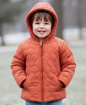 Babyhug Woven Full Sleeves Solid Hooded Quilted Jacket - Rust Orange
