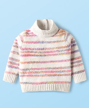 Babyhug Knitted Full Sleeves High Neck Striped Pullover Sweater - White