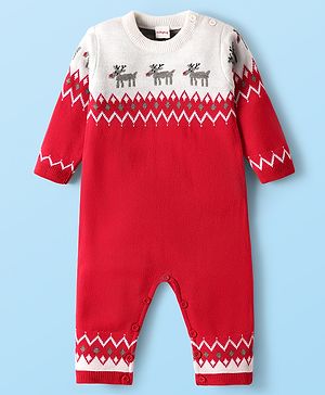 Babyhug Knit Full Sleeves Winter Wear Romper With Reindeer Design - Red & White