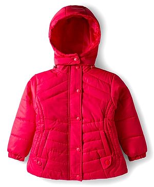 Babyhug Woven Full Sleeves Solid Colour Quilted Winter Jacket With Detachable Hood - Red