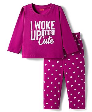 Babyhug Cotton Knit Full Sleeves Night Suit With Text & Heart Print - Purple