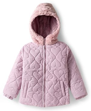 Babyhug Woven Full Sleeves Soft Fur Hooded Heart Quilted Jacket - Pink