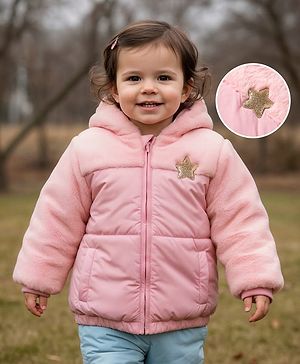 Babyhug Woven Full Sleeves Hooded Padded Jacket With Star Patch & Fur Detailing - Pink