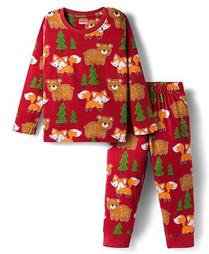 Babyhug Cotton Knit Full Sleeves Co-ords Night Suit With Animal Print - Brown