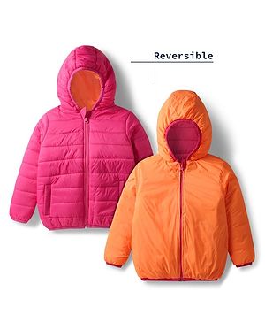 Babyhug Woven Full Sleeves Solid Coloured Reversible Padded Hooded Jacket - Pink & Orange