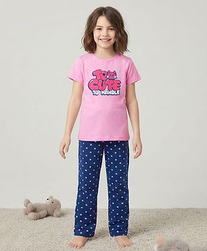Pine Kids Cotton Knit Half Sleeves Capri Night Suit With Text Print - Pink & Blue