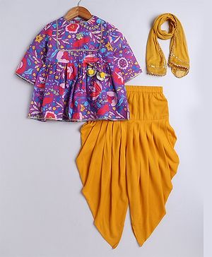 Aww Hunnie Linen Woven Half Sleeves Floral Printed Gota Lace Embellished Kurti & Dhoti With Dupatta Set - Purple