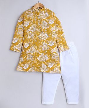Aww Hunnie Cotton Rayon Woven Full Sleeves Floral Printed Kurta & Pyjama Set - Mustard