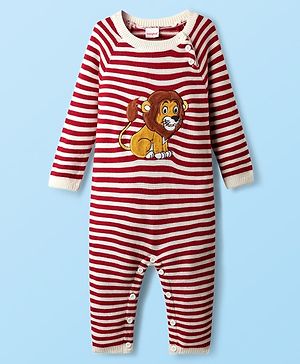 Babyhug Knit Full Raglan Sleeves Winter Wear Striped Romper With Lion Embroidery - Red