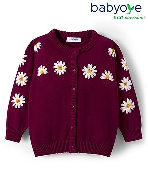 Babyoye Cotton Knit Full Sleeves Front Open Sweater With Floral Embroidery - Wine