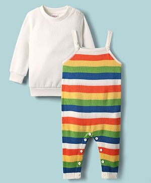 Babyhug Sweater Knit Winter Wear Striped Dungaree Styled Romper & Full Sleeves Inner Tee - Multicolor