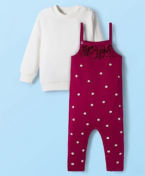 Babyhug Sweater Knit Winter Wear Dungaree Style Romper & Full Sleeves Inner Tee with Floral Embroidery - Maroon