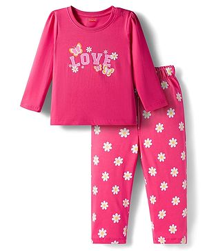 Babyhug Cotton Knit Full Sleeves Night Suit With Floral & Text Print - Pink