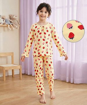 Pine Kids Cotton Knit Full Sleeves Co-ords Night Suit with Strawberry Print - Yellow