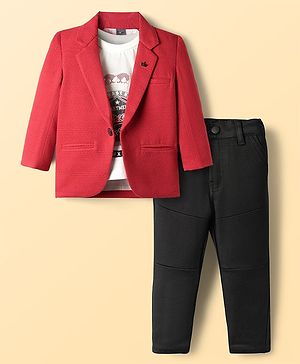 Dapper Dudes Street Sports Text Printed Tee & Trousers With Full Sleeves Blazer Set - Red