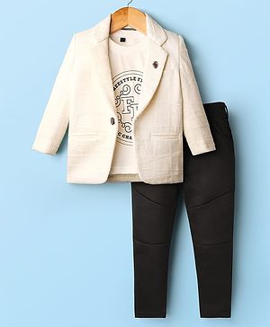 Dapper Dudes Freestyle Flying Text Printed Tee & Trousers With Full Sleeves Blazer Set - White
