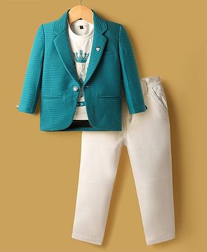 Dapper Dudes Full Sleeves Blazer With Dream Achiever Text Printed Tee & Pant Set - Blue