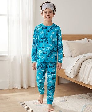 Pine Kids Cotton Knit Full Sleeves Co-ord Set Night Suit with Space Theme Print - Aqua Blue