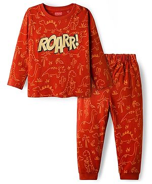Babyhug Cotton Knit Full Sleeves Co-ords Night Suit with Dino Print - Red