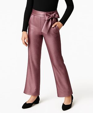 Arias Metallic Knit Full Length Stretchy Jeggings With Bow Applique - Pink