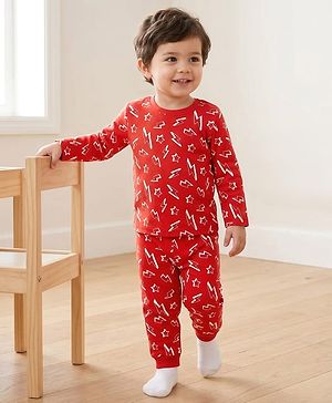 Babyhug Cotton Knit Full Sleeve Co-Ord Night Suit with Thunderbolt Print - Red