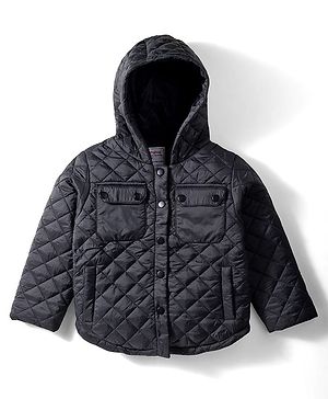 Babyhug Woven Full Sleeves Solid Hooded Quilted Jacket - Black