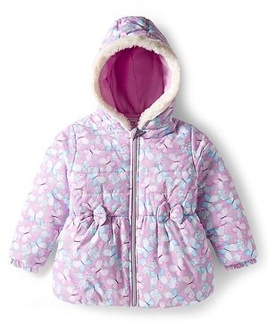 Babyhug Woven Full Sleeves Hooded Padded Jacket With Floral & Butterfly Print - Purple