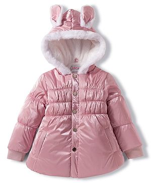 Babyhug Woven Full Sleeves Solid Color Hooded Padded Winter Jacket with Ear Applique - Pink