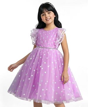 Pine Kids Woven Flutter Sleeves Party Dress With Glitter Star Print - Lilac