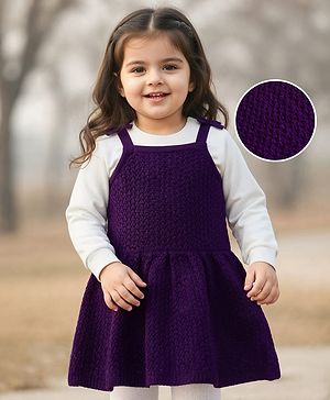 Babyhug Knitted Solid Woollen Dress & Full Sleeves Inner Tee - Purple & White