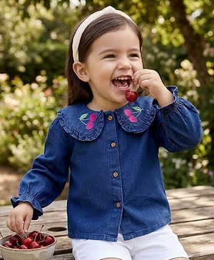 Babyhug  Denim Woven Full Sleeves Washed Peter Pan Collar Top with Embroidery - Navy Blue