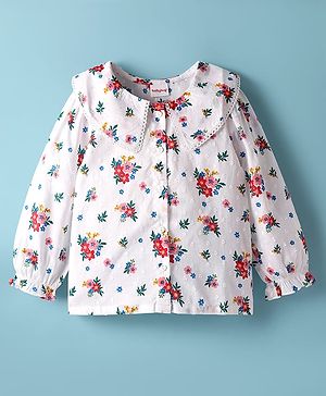 Babyhug 100% Cotton Woven Full Sleeves Floral & Swiss Dot Printed Peter Pan Collar Top - White