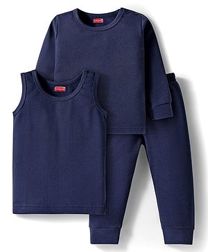 Babyhug Knit Full Sleeves Solid Colour Thermal Inner Wear Set - Navy Blue