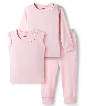 Babyhug Knit Full Sleeves Solid Color Pullover & Sleeveless Thermal Vest & Pant Set - Pink