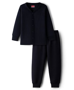 Babyhug Knit Full Sleeves Solid Thermal Set - Navy Blue