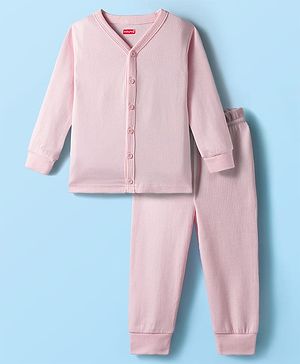 Babyhug Knit Full Sleeves Front Open Solid Thermal Set - Pink
