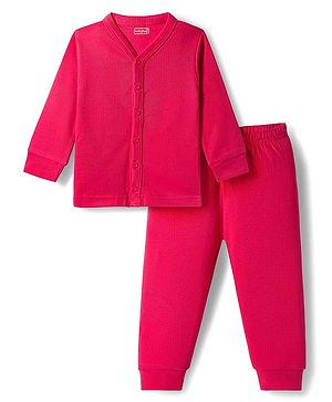 Babyhug Knit Full Sleeves Solid Color Thermal Vest & Pant Set - Red