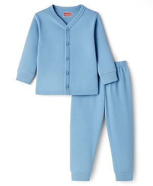 Babyhug Knit Full Sleeves Solid Colour Thermal Inner Wear Set - Light Blue
