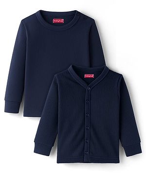 Babyhug Knit Full Sleeves Solid Thermal Inner Wear Front Open & Pullover Vest Pack of 2 - Navy Blue