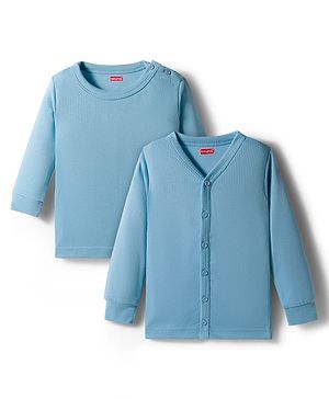 Babyhug Knit Full Sleeves Solid Color Front Open & Pullover Thermal Wear Vests Pack of 2 - Light Blue