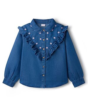 Babyhug Denim Woven Full Sleeves Floral Embroidered Top with Frill Detailing - Navy Blue